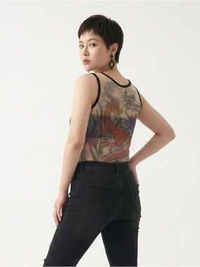 Harley-Davidson Beige Mesh Tank with Orange Dragon and Purple Floral Accents